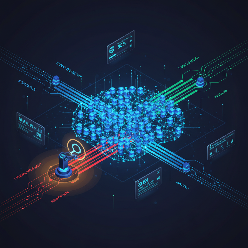 Panou de control AI pentru cybersecurity afișând modele de detectare a amenințărilor cu rețea neuronală în culori albastru și cyan pe fundal întunecat