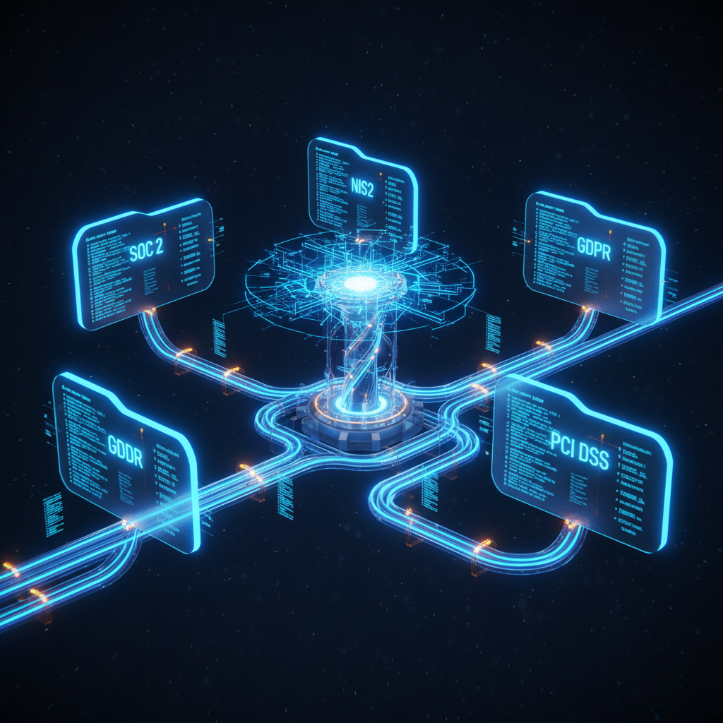 Tablou de bord pentru colectarea dovezilor de audit cu documente de conformitate, ștampile de certificare și fluxuri de date automatizate mapate la cadrele SOC 2, NIS2 și GDPR