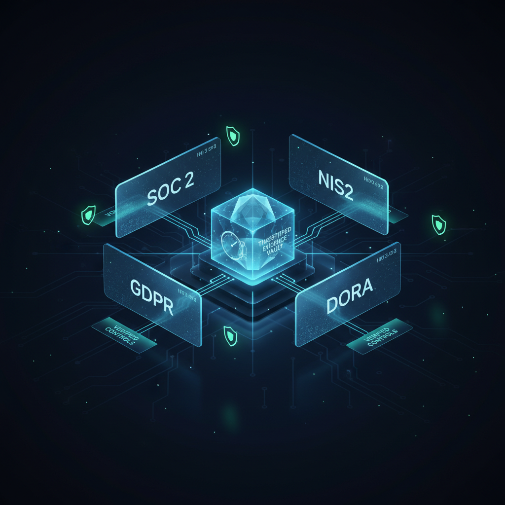 Dashboard zur Sammlung von Prüfungsnachweisen mit Compliance-Dokumenten und Framework-Mapping für SOC 2, NIS2 und DSGVO