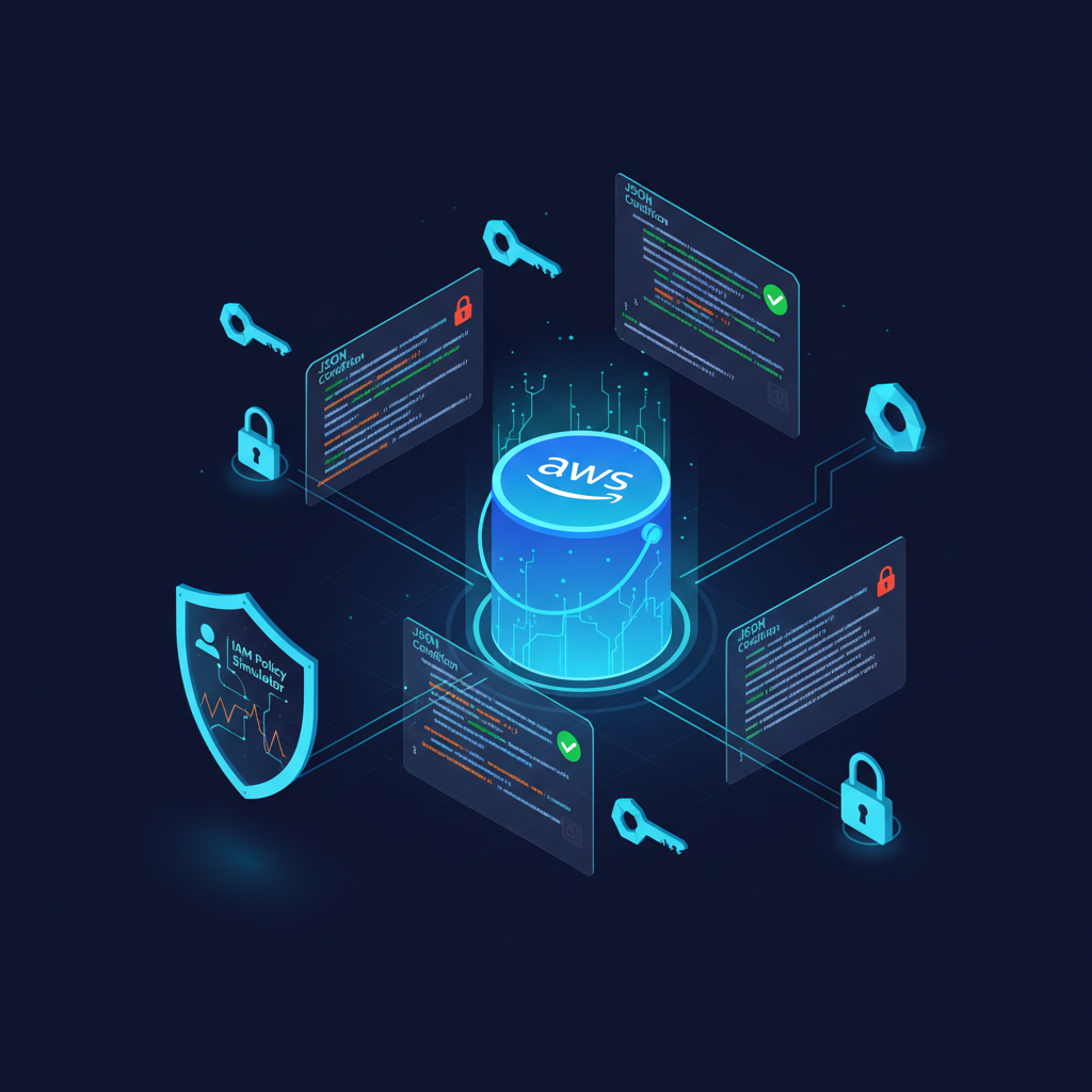 AWS S3 bucket security diagram showing bucket policy editor, IAM simulator, and encryption settings on a dark cloud infrastructure dashboard