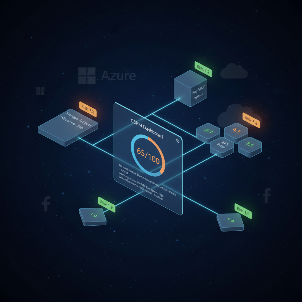 Azure security posture dashboard showing cloud misconfiguration alerts, CSPM risk scores, and multi-cloud resource inventory in a dark-themed control panel