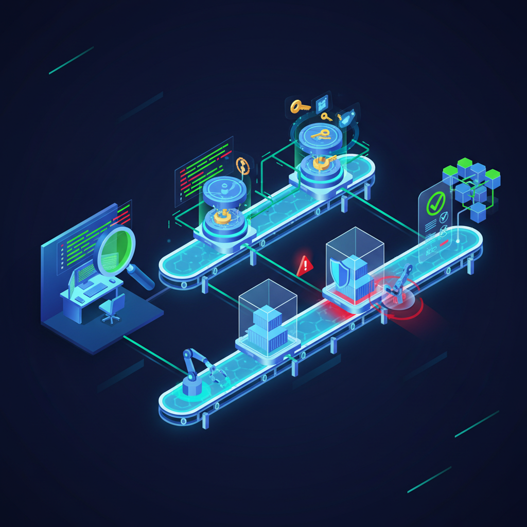 CI/CD security pipeline diagram showing automated security gates, SAST scanning, and container image checks in a dark-themed DevSecOps workflow
