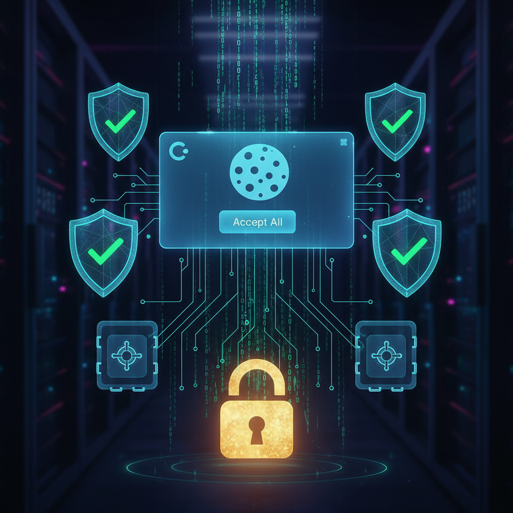 Consent management platform dashboard showing cookie consent banners, compliance toggles, and GDPR audit logs on a dark UI with blue and cyan accents