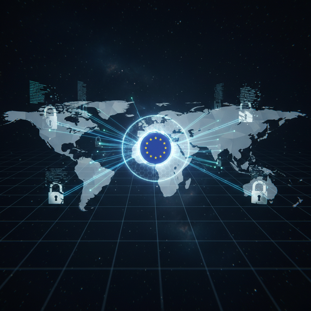 Cross border data transfer illustration showing encrypted data flowing between continents with GDPR compliance shield and transfer impact assessment checklist overlay