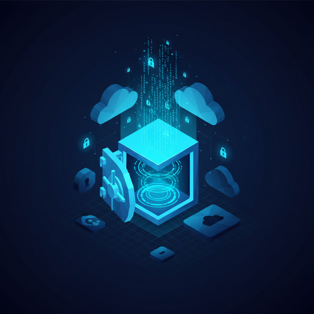Interfaz de bóveda cifrada de Cryptomator flotando sobre iconos de proveedores cloud con capas de claves AES en tonos azul y cian