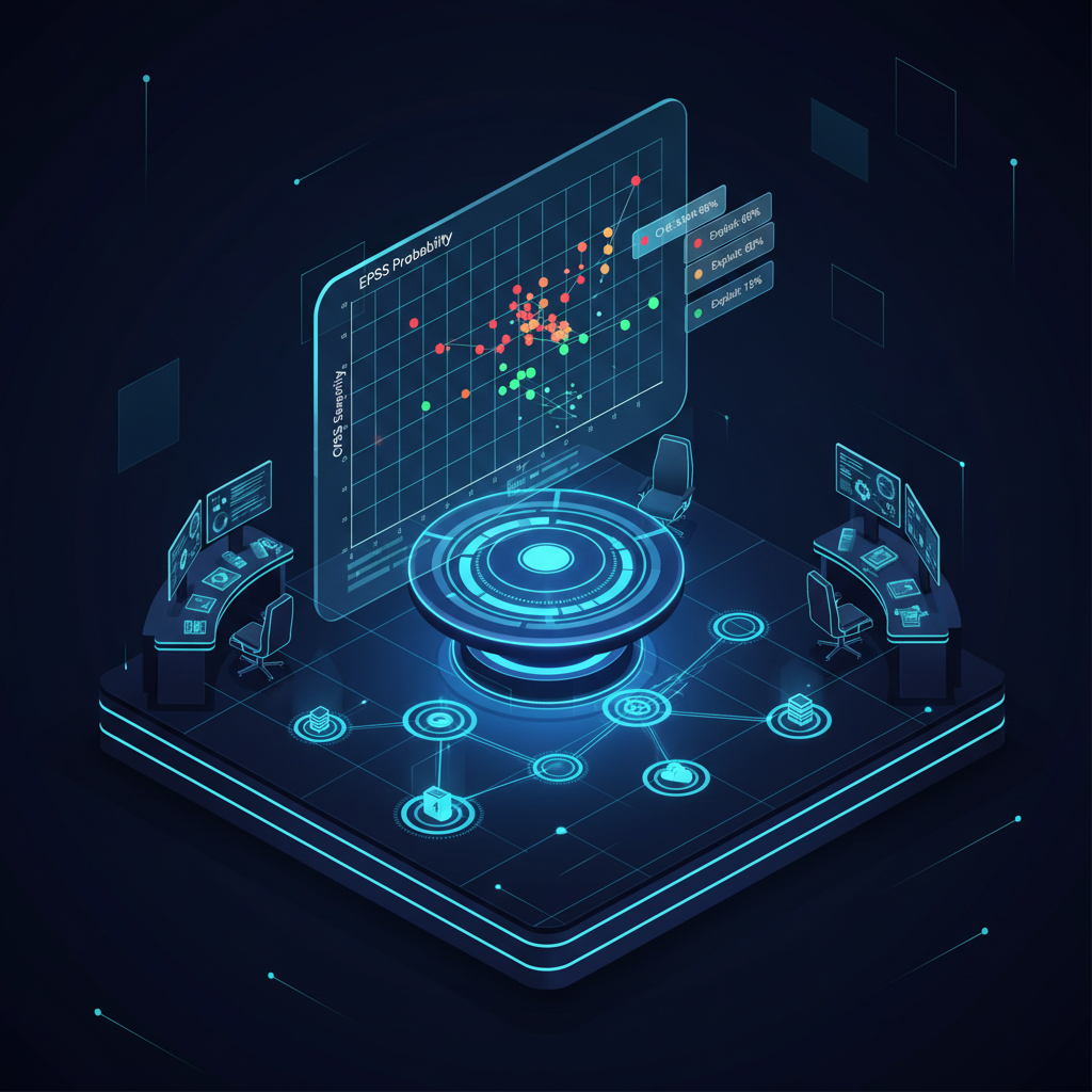 Panel de priorización de CVE mostrando puntuaciones EPSS, gráficos de probabilidad de exploits e interfaz de triaje de vulnerabilidades basada en riesgo