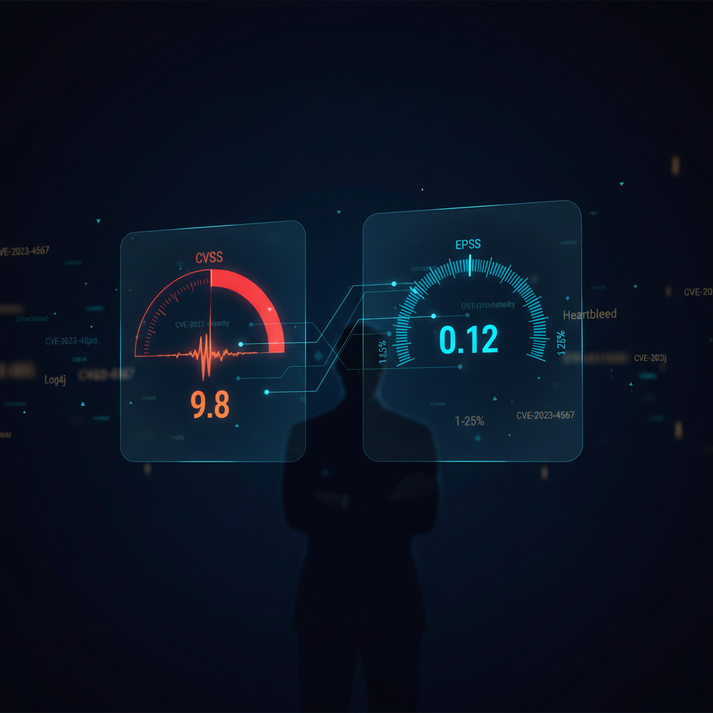 CVSS-Score und EPSS-Scoring-Dashboard nebeneinander mit Schwachstellenpriorisierungsmetriken und Exploit-Wahrscheinlichkeitsanzeigen auf dunklem Hintergrund