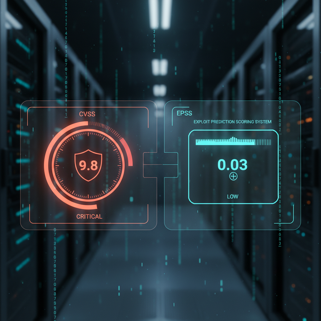 Split dashboard showing CVSS score severity gauge and EPSS scoring probability meter with blue and cyan tones on dark background