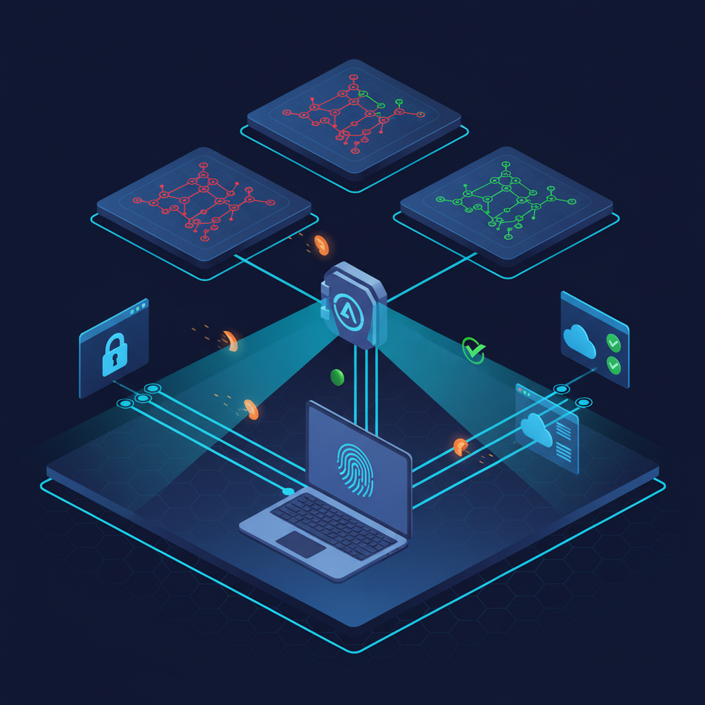 Tabloul de bord CyberArk EPM afișând controale de gestionare a privilegiilor pe endpoint și grafice de drepturi cloud pe ecrane UI întunecate