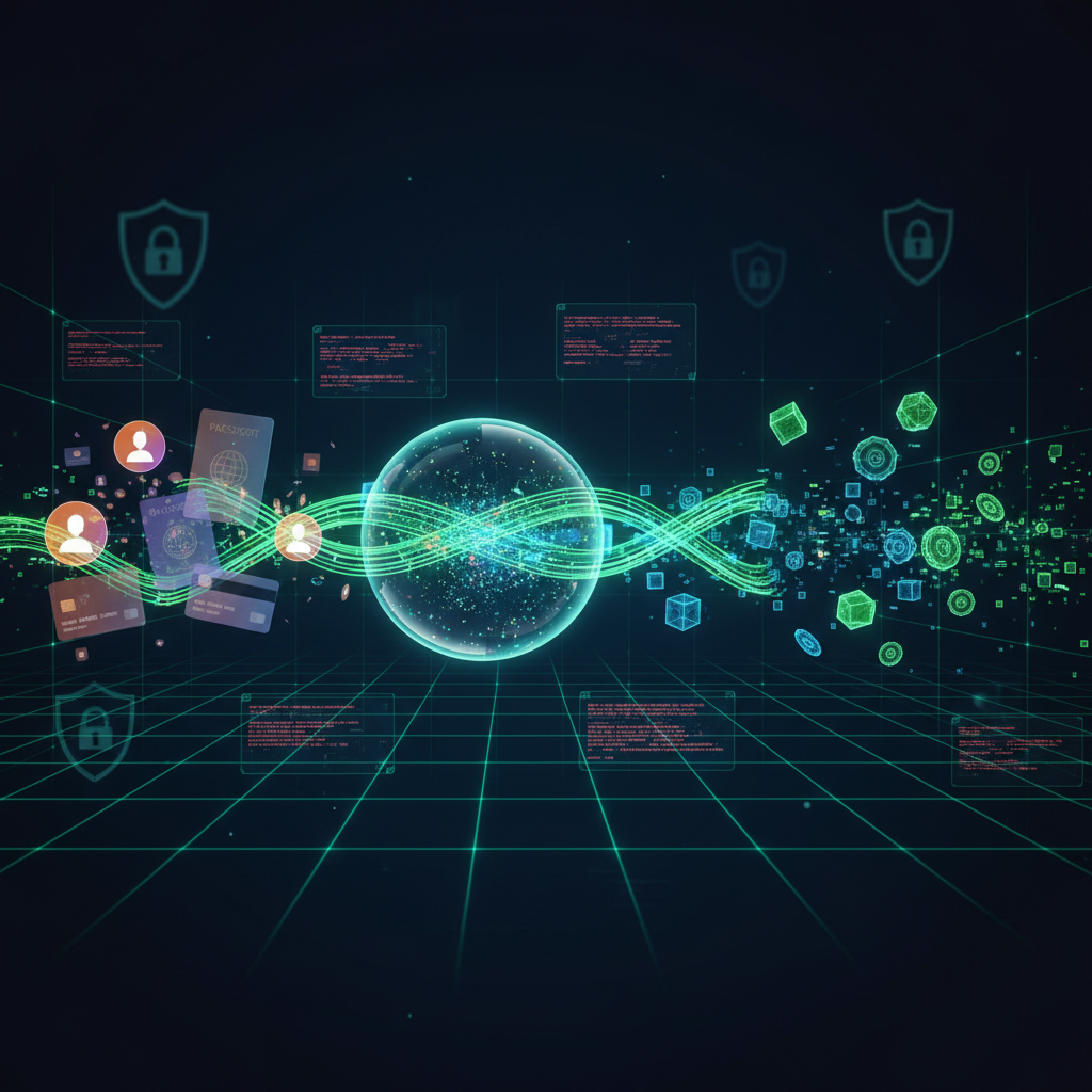 Konzept der Datenanonymisierung mit maskierten Personendaten in Transformationspipelines und grünen Datenströmen auf dunklem Hintergrund