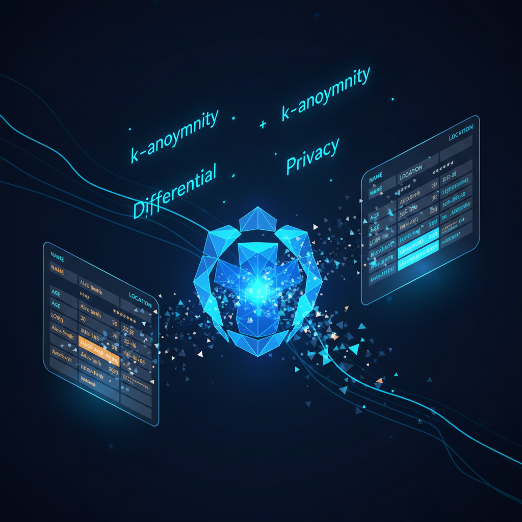 Data anonymization concept showing masked personal records and a privacy transformation pipeline with blue and cyan accents on dark background