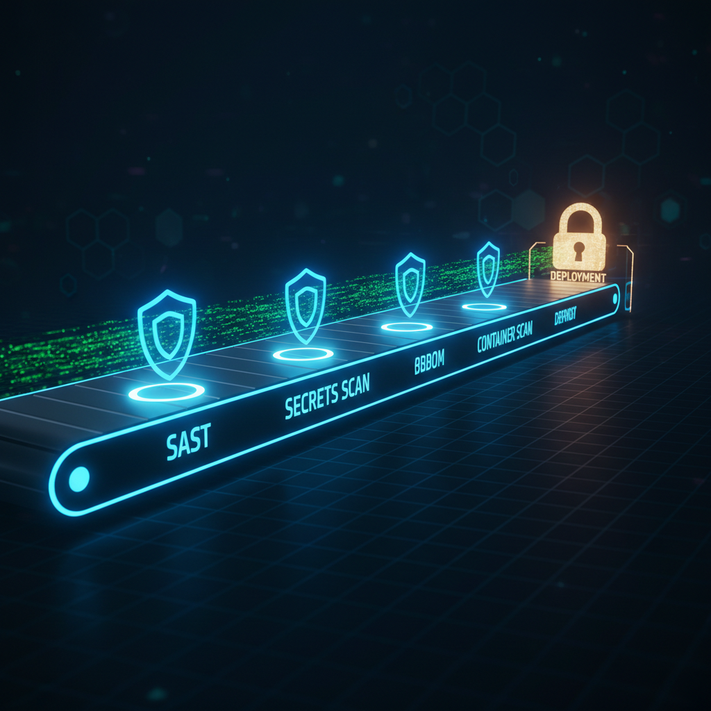 DevSecOps-Pipeline-Diagramm mit CI/CD-Phasen, integrierten Sicherheits-Scan-Gates, Code-Analyse, Container-Prüfungen und SBOM-Generierung auf dunkelblauem Hintergrund