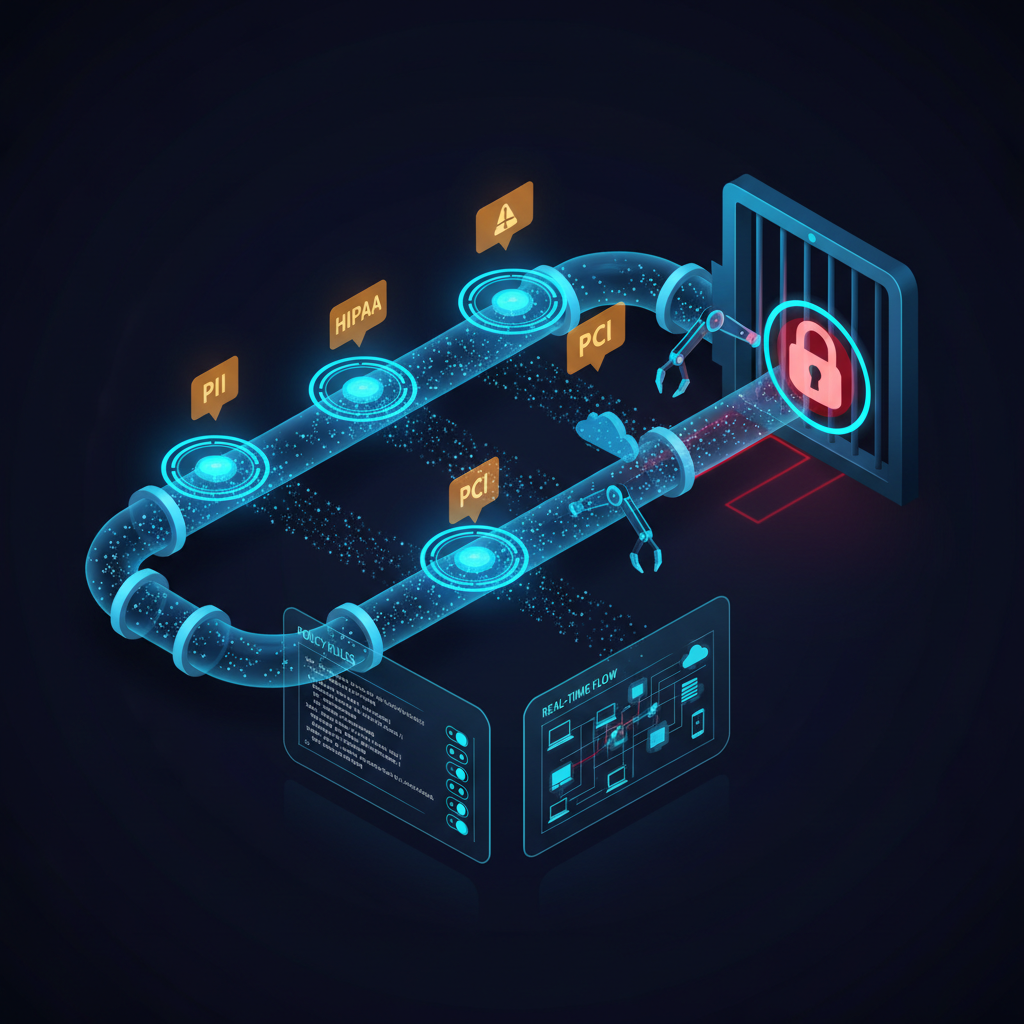 Panel de software DLP que muestra monitoreo de flujo de datos, reglas de politica y clasificacion de datos sensibles en endpoints y trafico de red