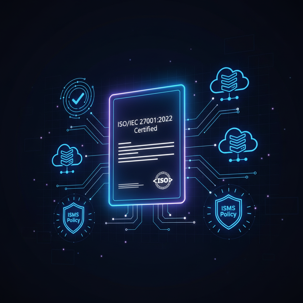 ISO 27001 Zertifizierungsprozess mit Audit-Checklisten, ISMS-Dokumentation und Zertifizierungsstempel auf dunkelblauem Hintergrund