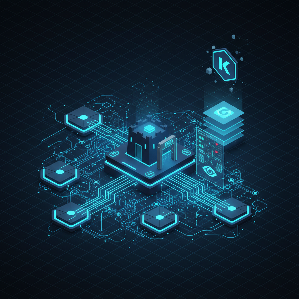 Kubernetes security certification dashboard showing pod security policies, cluster hardening checks, and CKS exam preparation interface with blue and cyan accents