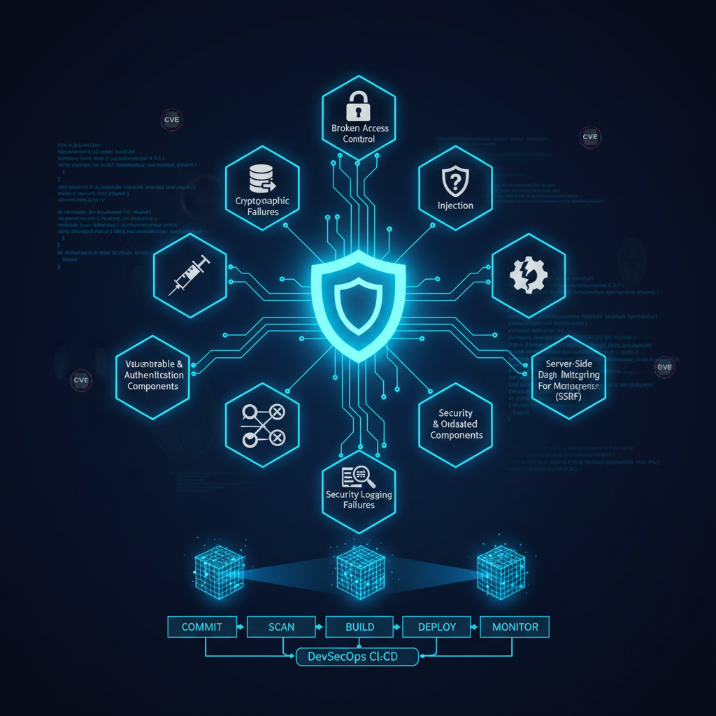 Categorías de vulnerabilidades OWASP Top 10 como nodos brillantes en un panel DevSecOps oscuro con líneas azules y cian