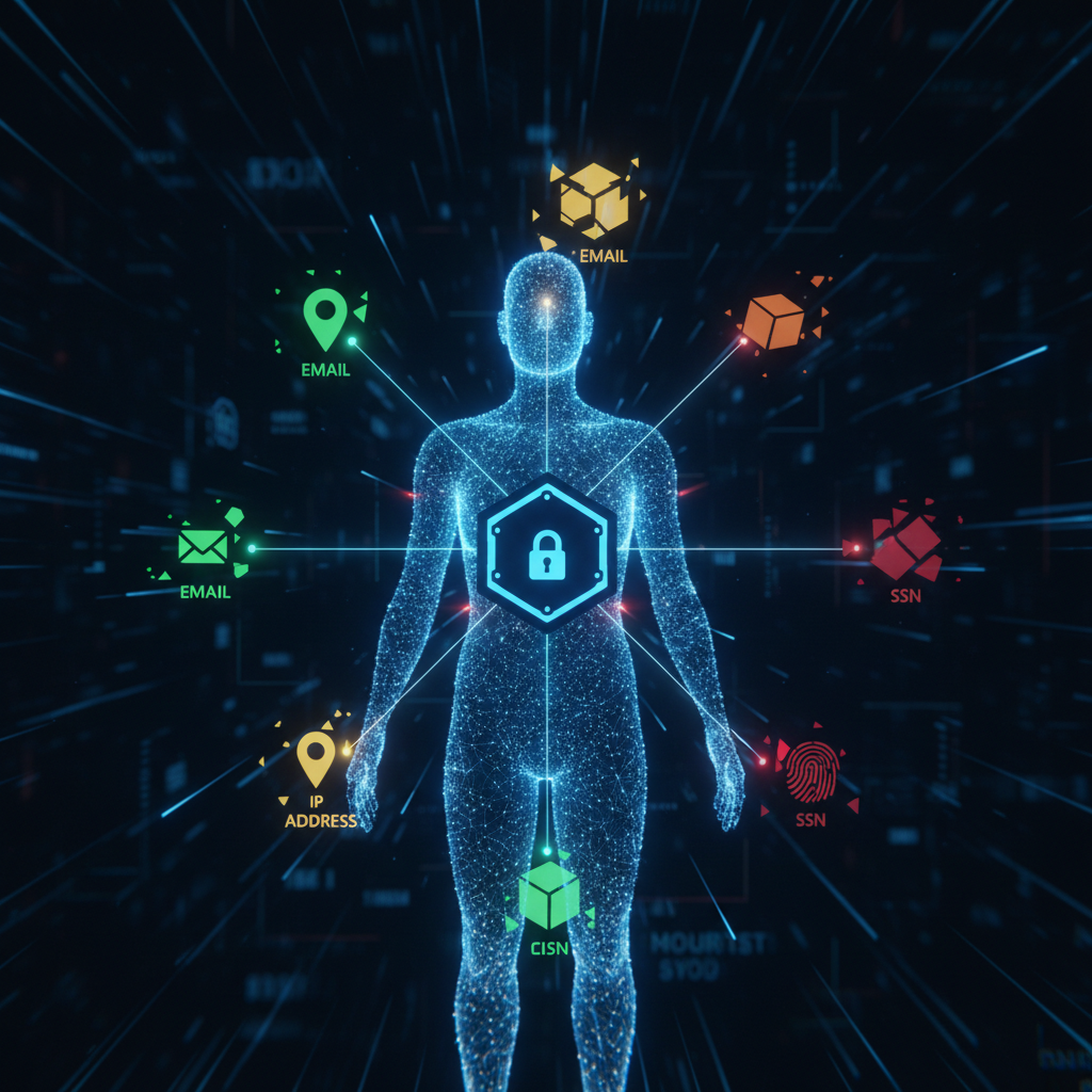 Hartă de clasificare vizuală a exemplelor PII cu categorii de date sensibile inclusiv CNP, biometrie, înregistrări financiare și adrese IP printr-un sistem de guvernanță a datelor