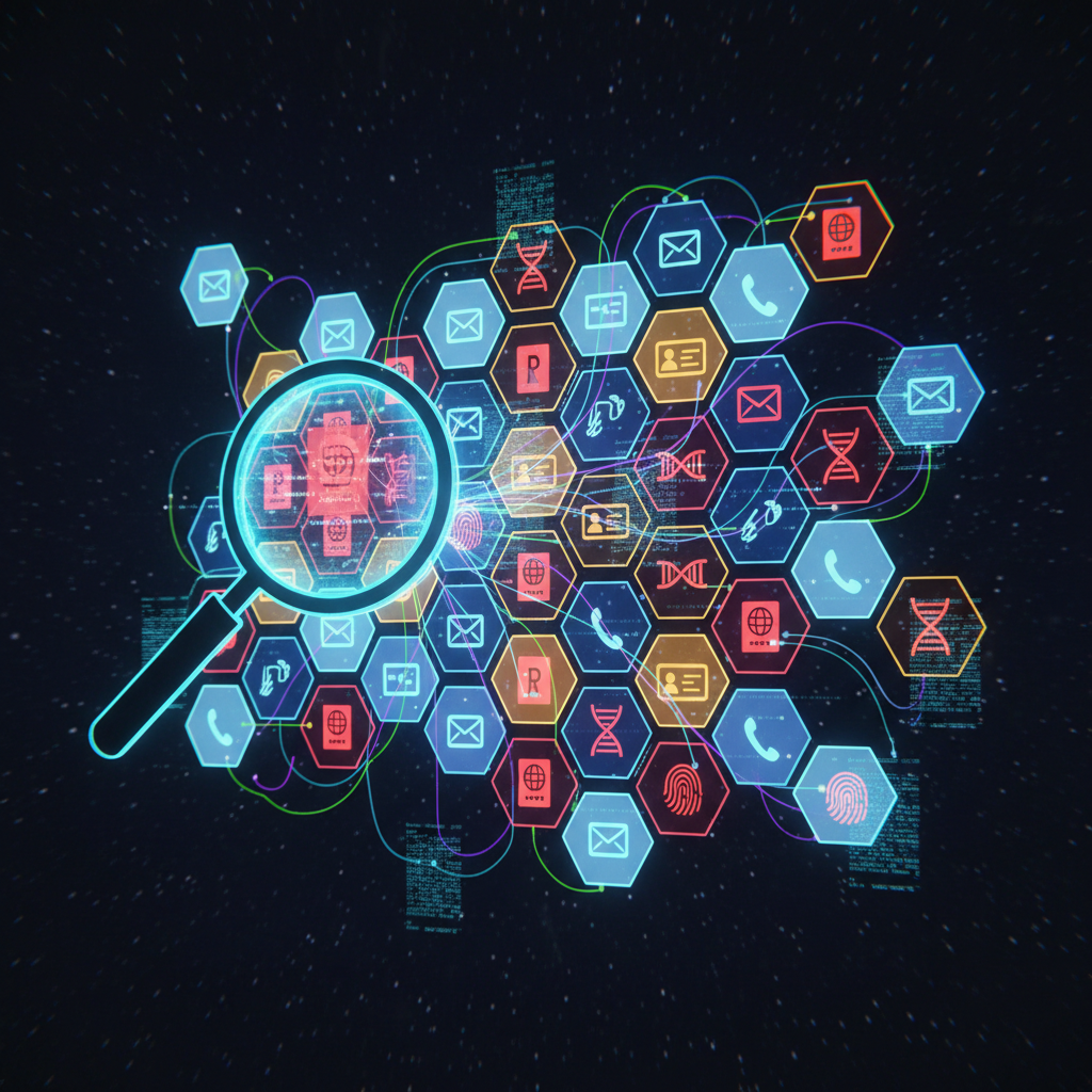 Digital illustration of personally identifiable information data types as labeled floating data cards — name, SSN, biometrics, IP address — over a dark blue background with classification tiers
