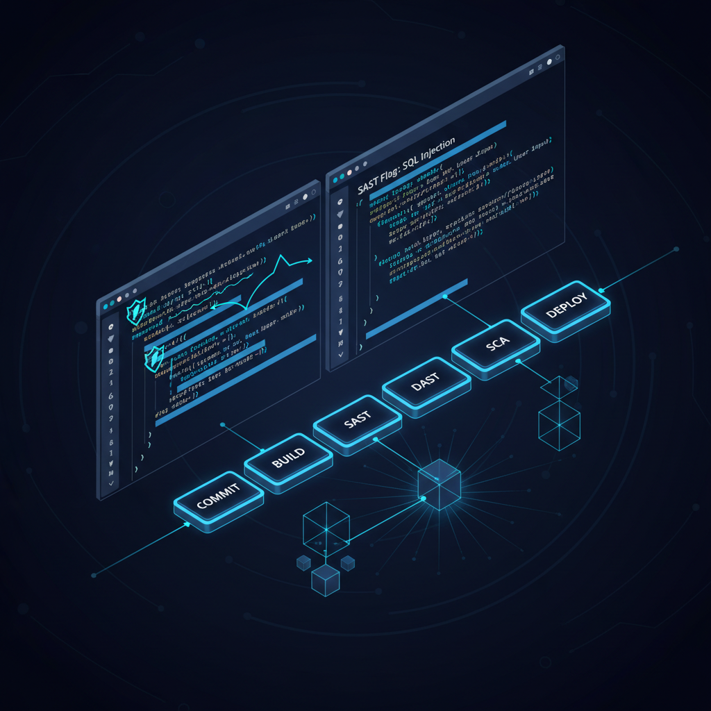Dashboard instrumente SAST cu rezultate analiză statică a codului și vulnerabilități evidențiate într-un editor de cod întunecat cu accente albastre