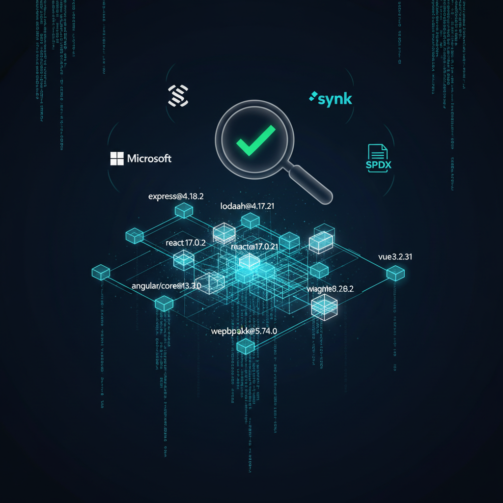 SBOM-Generierungs-Dashboard mit Abhängigkeitsgraph, Tool-Icons für Microsoft SBOM und Snyk sowie SPDX-Formatausgabe auf dunklem Hintergrund