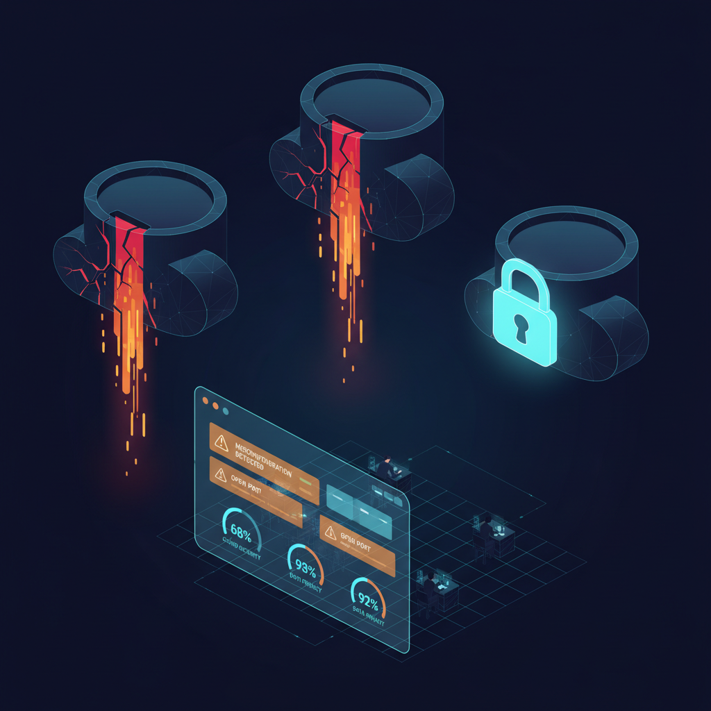 Ilustración isométrica de buckets de nube mal configurados con fugas de datos, indicadores de alerta en rojo y un panel de seguridad mostrando hallazgos de mala configuración