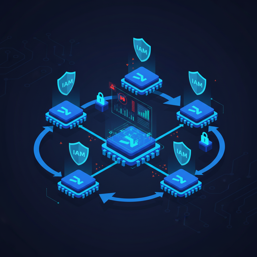 Diagramă de securitate pentru arhitectura serverless cu funcții AWS Lambda, declanșatori de evenimente și tablouri de bord de monitorizare cloud în albastru și cyan