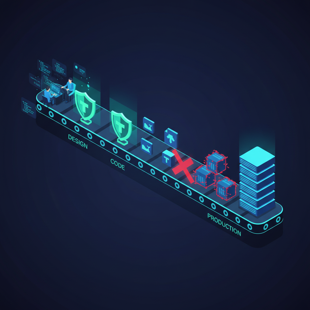 Concepto de shift left security que muestra un pipeline de desarrollo de software con controles de seguridad integrados desde las primeras etapas del CI/CD