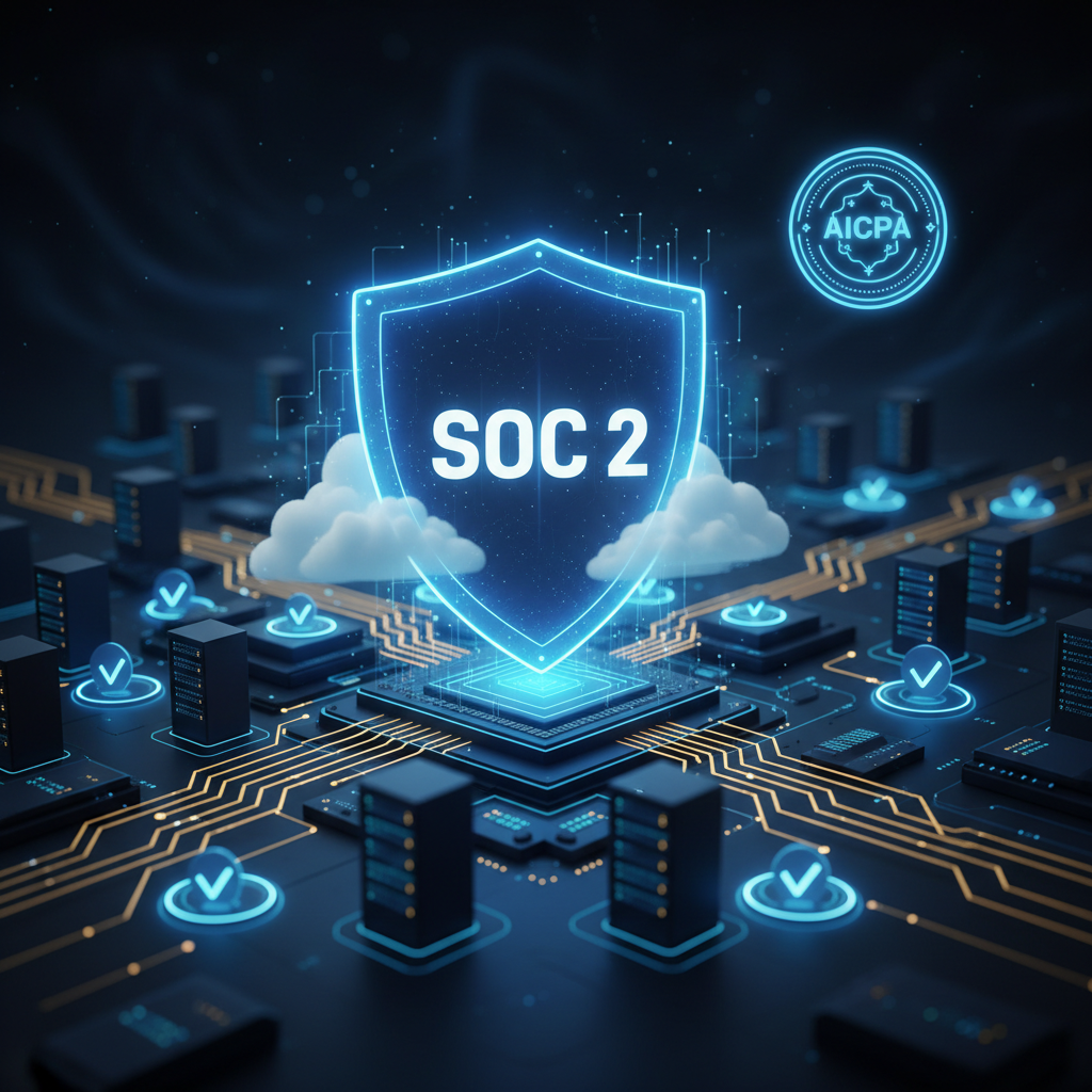 Dashboard de conformitate SOC 2 cu bifele criteriilor AICPA Trust Services si controale de audit pe o interfata albastru inchis