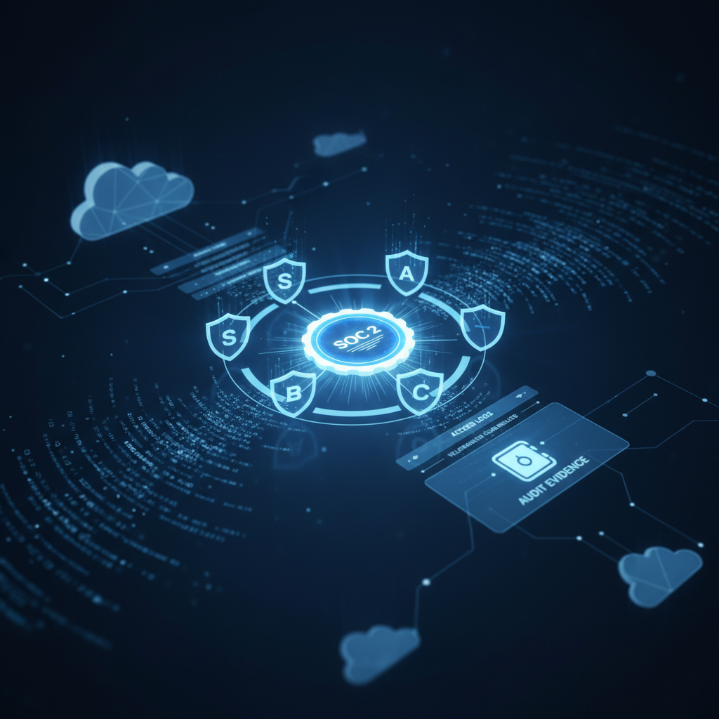 Panel de auditoría de cumplimiento SOC 2 con lista de criterios de servicios de confianza, sello de certificación y controles de seguridad cloud en fondo oscuro