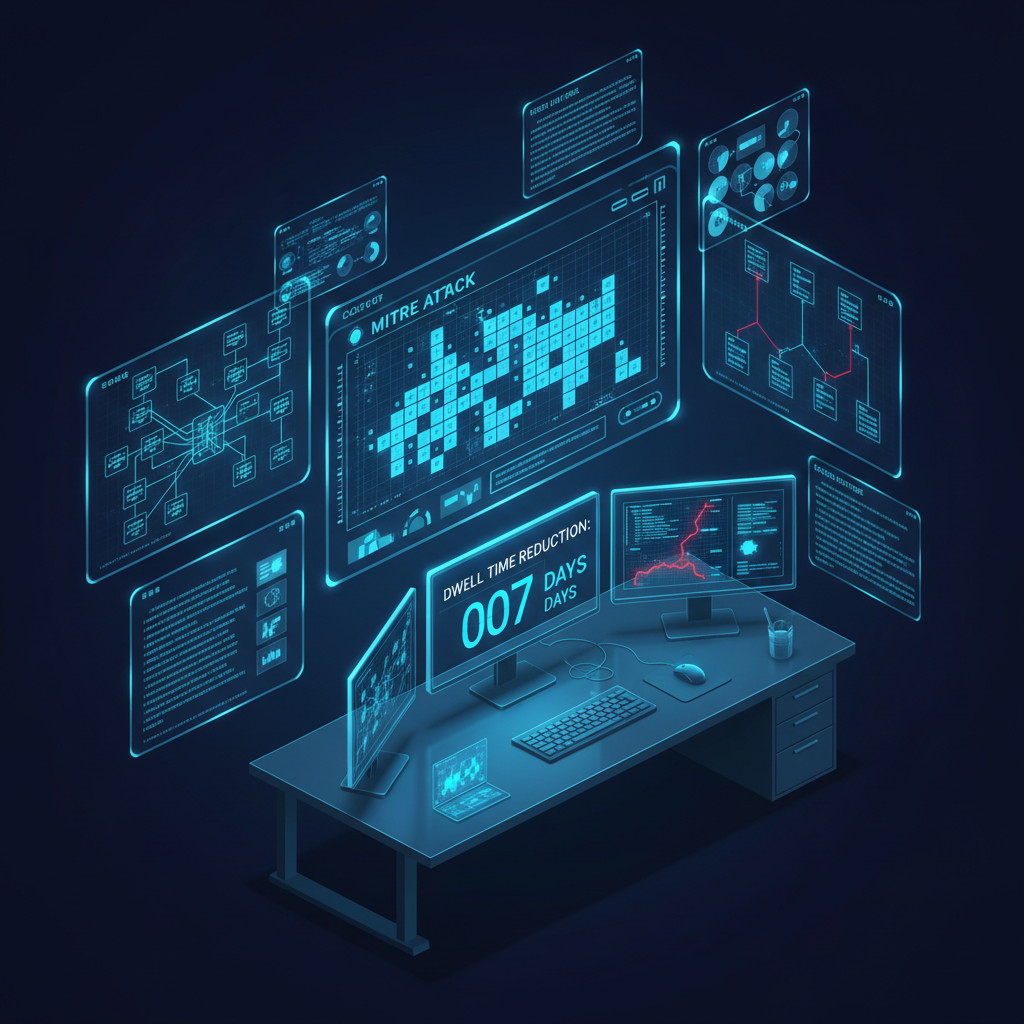 Threat-Hunting-Analysten-Workstation mit MITRE ATT&CK Matrix-Heatmap und Netzwerk-Telemetrie-Visualisierungen in Blau und Cyan