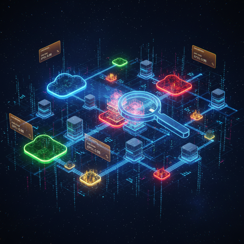 Dashboard de scanare a vulnerabilităților cu prioritizare CVE bazată pe scor EPSS, hartă topologie rețea și rezultate scanare imagini container pe fundal albastru închis