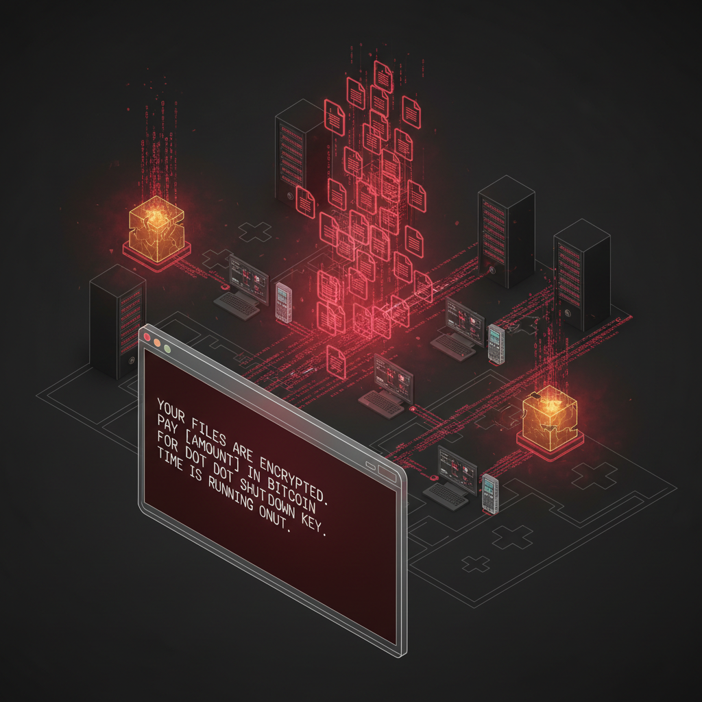 Ransomware-Angriff Visualisierung mit verschlüsselten Dateisystemen, Lösegeldnotiz-Terminal und Gesundheitsnetzwerk-Infrastruktur in Rot- und Karmesinfarbtönen