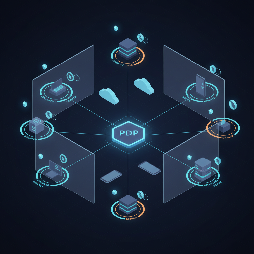 Zero trust architecture diagram showing network segmentation, identity verification layers, and policy enforcement points on a dark blue background